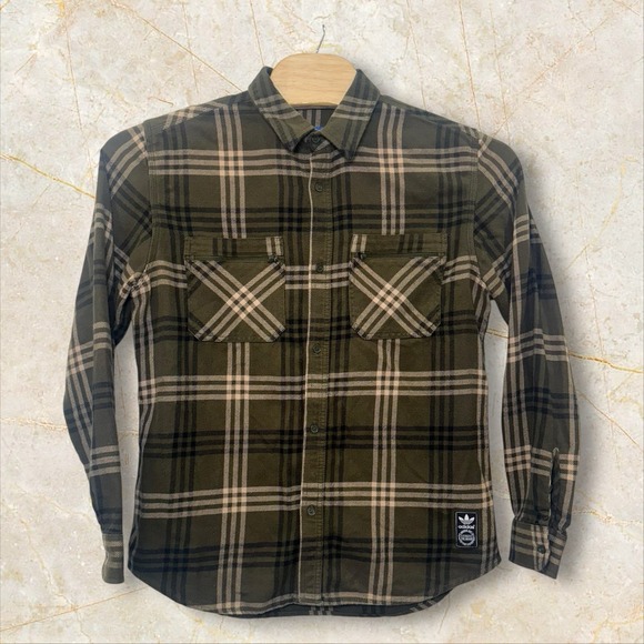 Adidas Originals Trefoil Men's Large Flannel Shirt Plaid Green Skateboarding - Picture 1 of 11